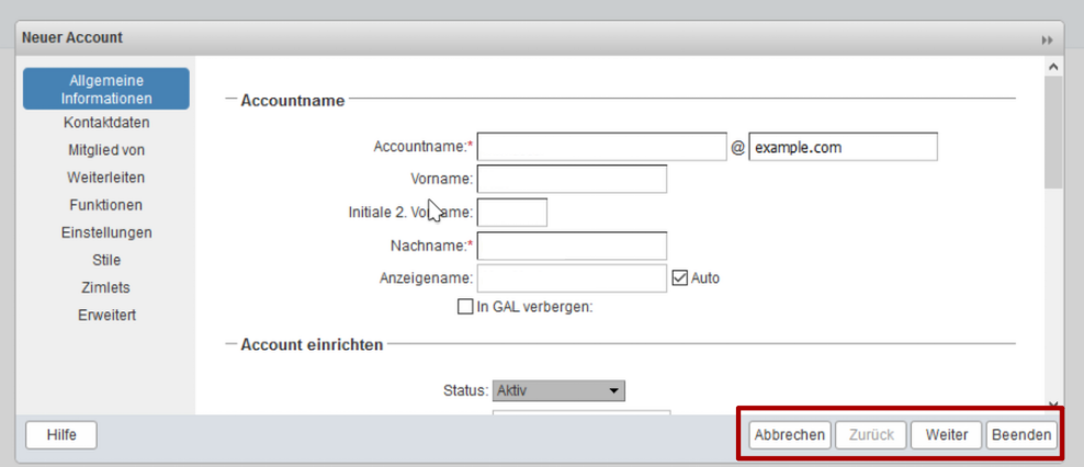 Zimbra Account-Assistent – Navigationsbuttons Zurück, Weiter, Abbrechen und Beenden