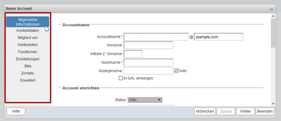 Zimbra Account-Assistent – Kategorienübersicht mit Allgemeinen Informationen