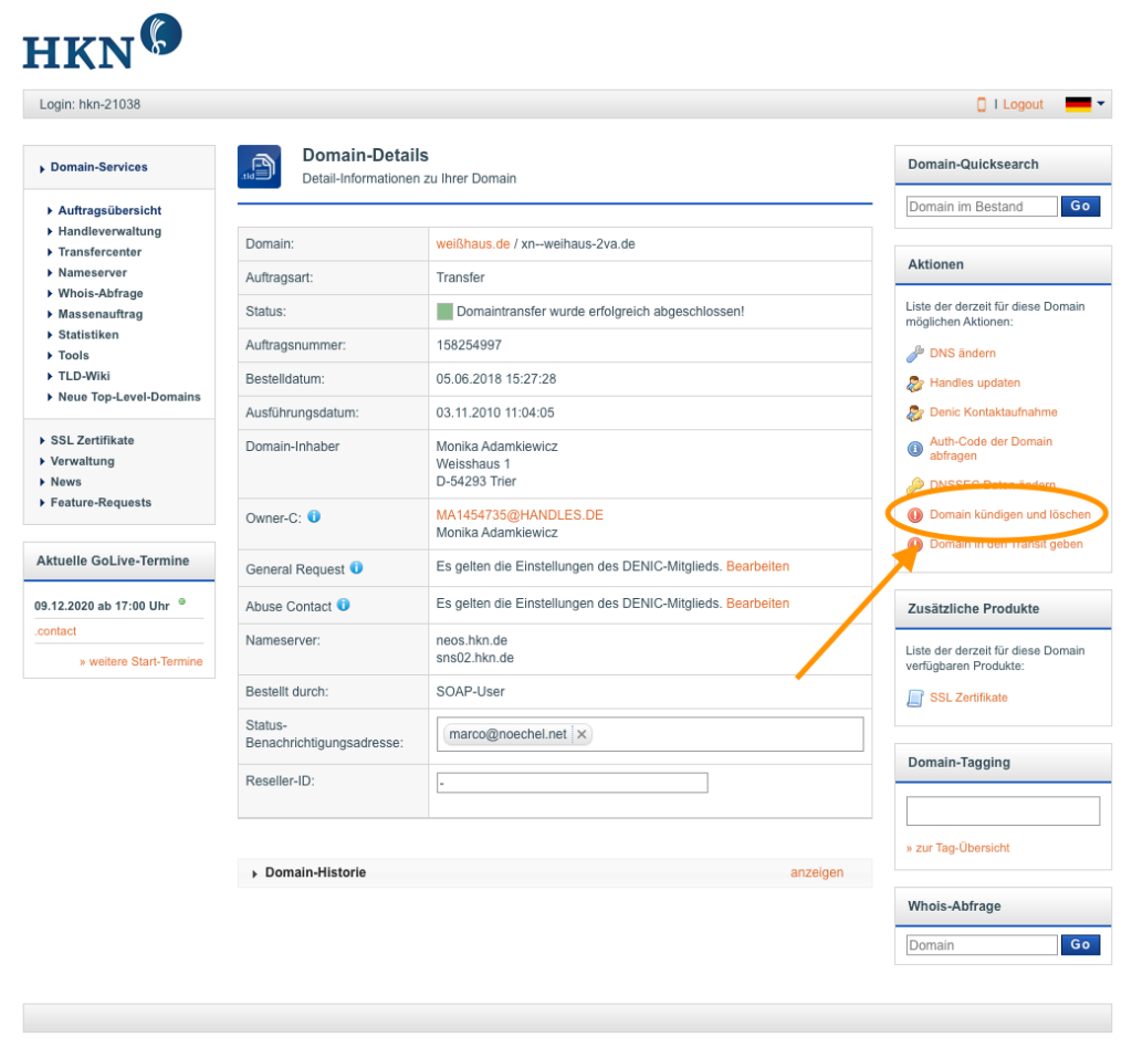 Domain-Detailseite mit Button Domain kündigen und löschen