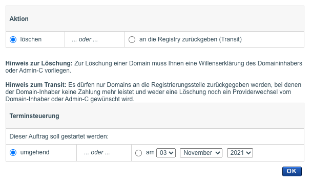 Dialog mit Löschoptionen – sofort löschen oder terminieren
