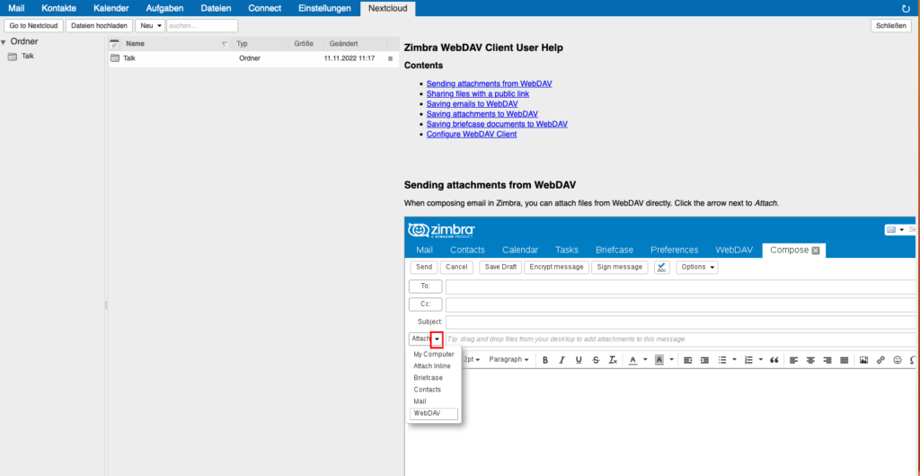 Zimbra Webclient mit Nextcloud Zimlet