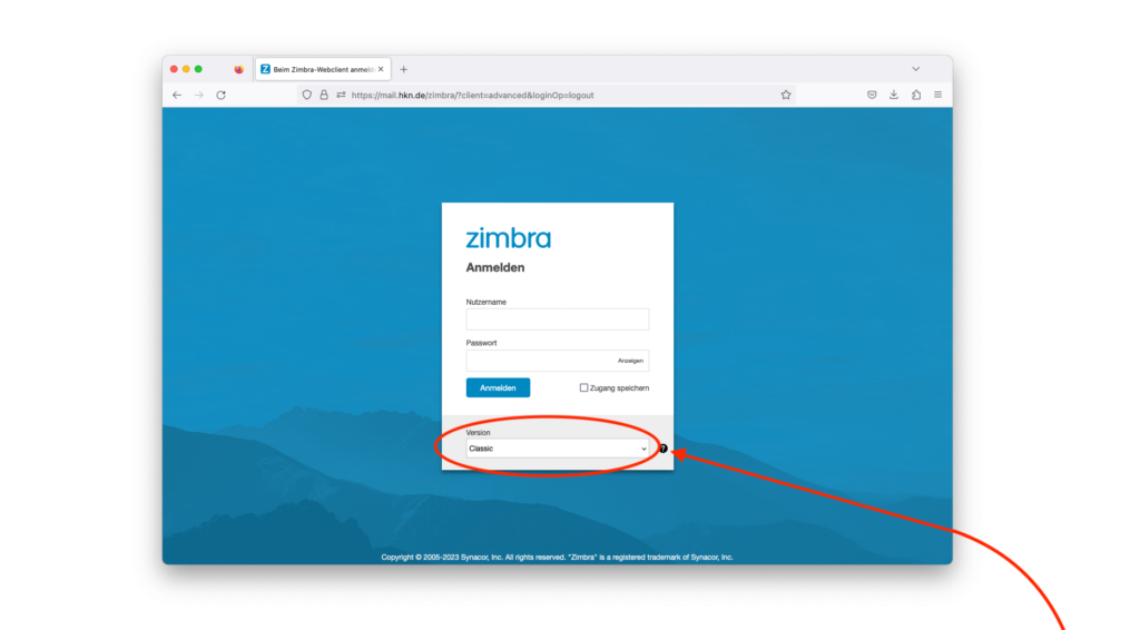 Zimbra Startseite: Hier müssen sie das Dropdown Menü öffnen, um die richtige Version auszuwählen