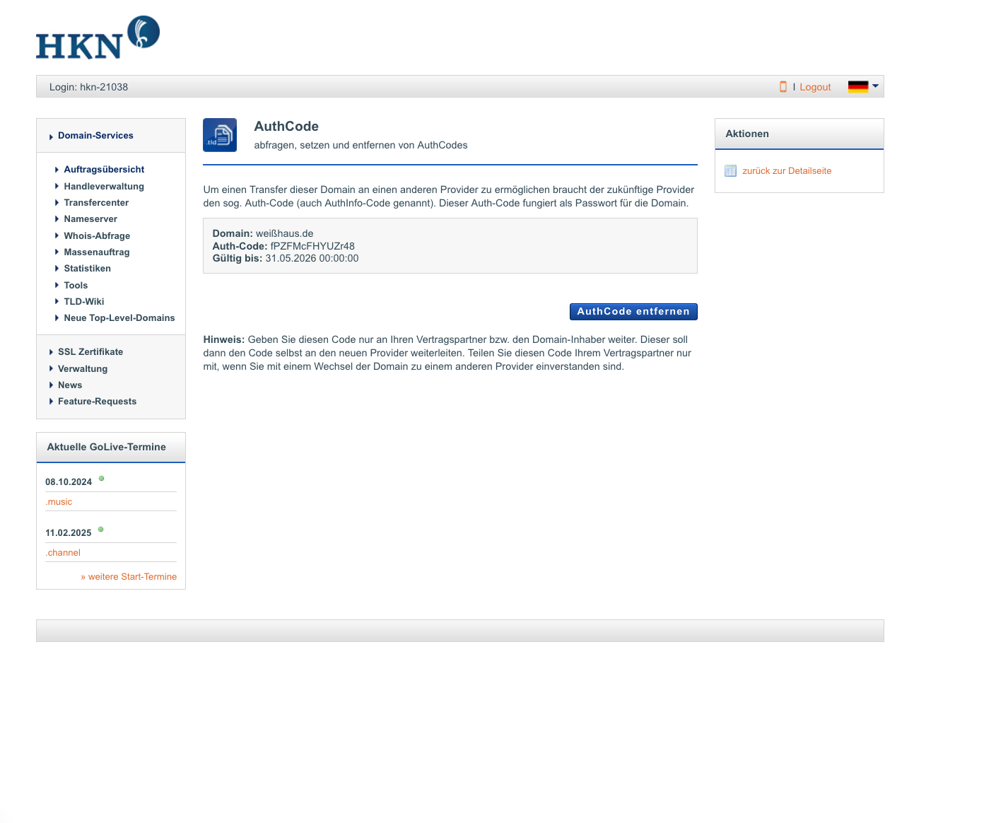 AuthCode-Seite mit gesetztem Auth-Code, Gültigkeitsdatum und Button AuthCode entfernen