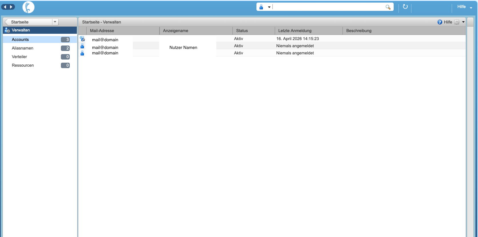 Bereich Verwalten im Zimbra-Adminpanel