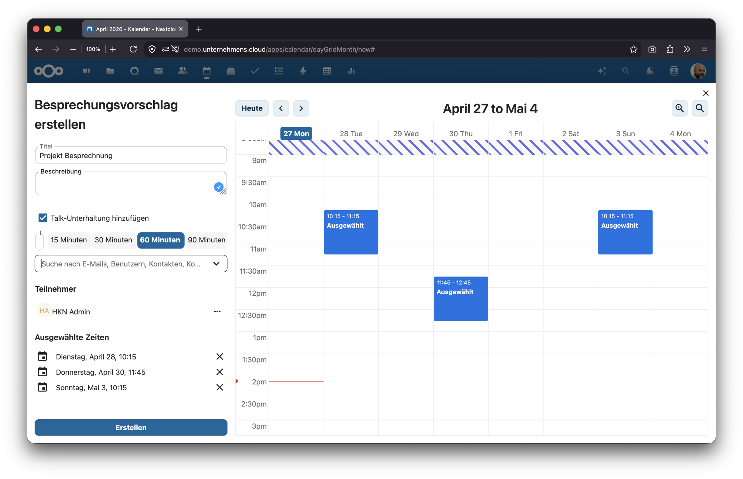 Nextcloud Kalender – Zeitfenster für Terminvorschlag auswählen und bestätigen