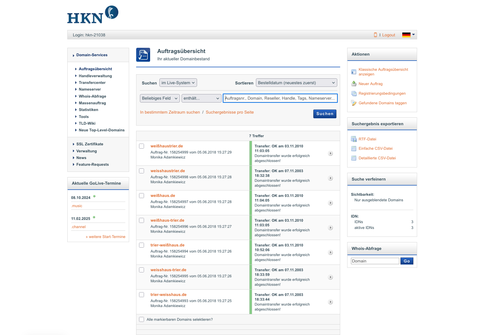 Auftragsübersicht mit allen gebuchten Domains, Filter- und Export-Optionen