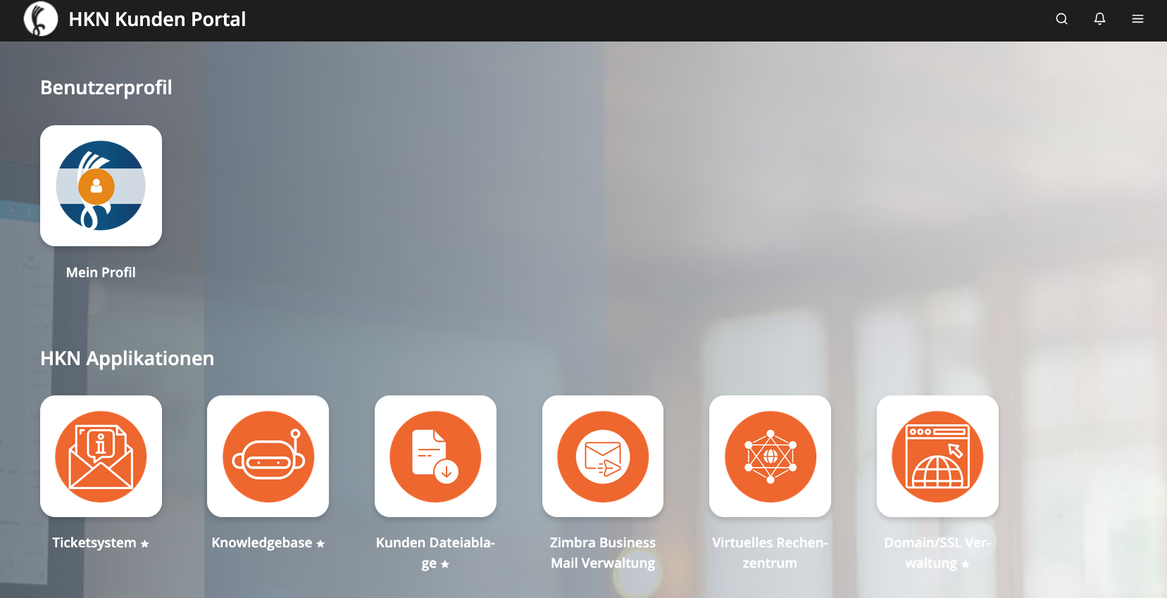 HKN Kunden Portal Dashboard mit Applikationsübersicht – Domain/SSL Verwaltung rechts