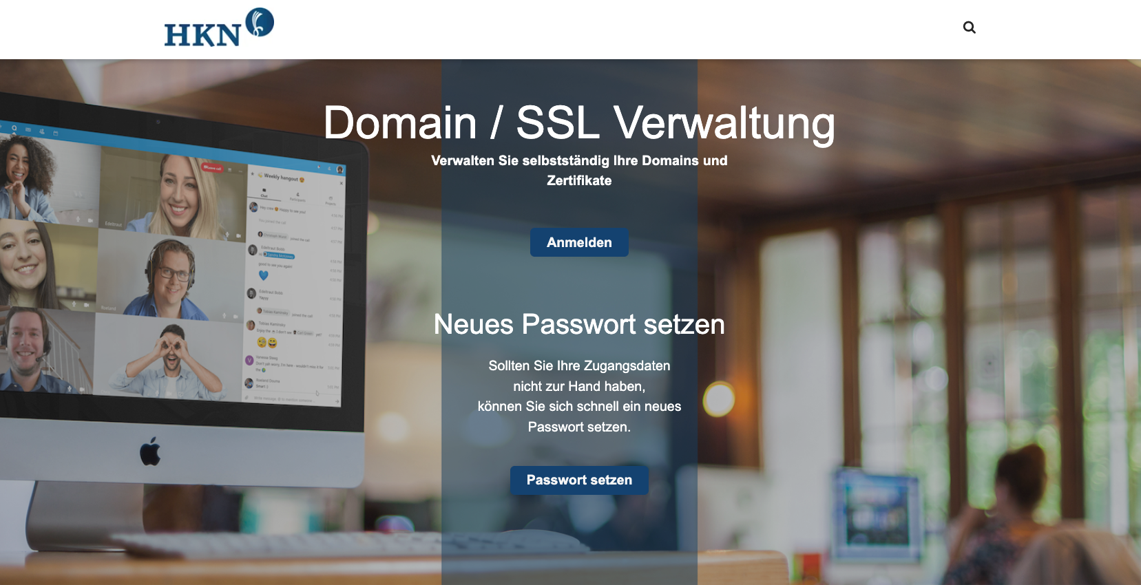 Einstiegsseite der HKN Domain/SSL Verwaltung mit Buttons Anmelden und Passwort setzen