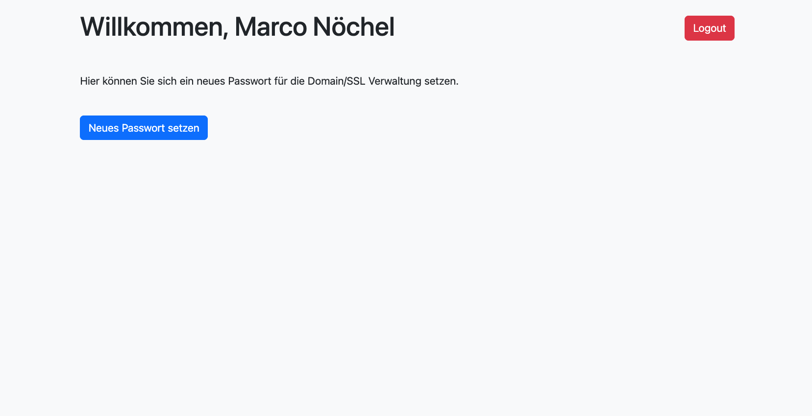 Willkommen-Seite mit Button Neues Passwort setzen
