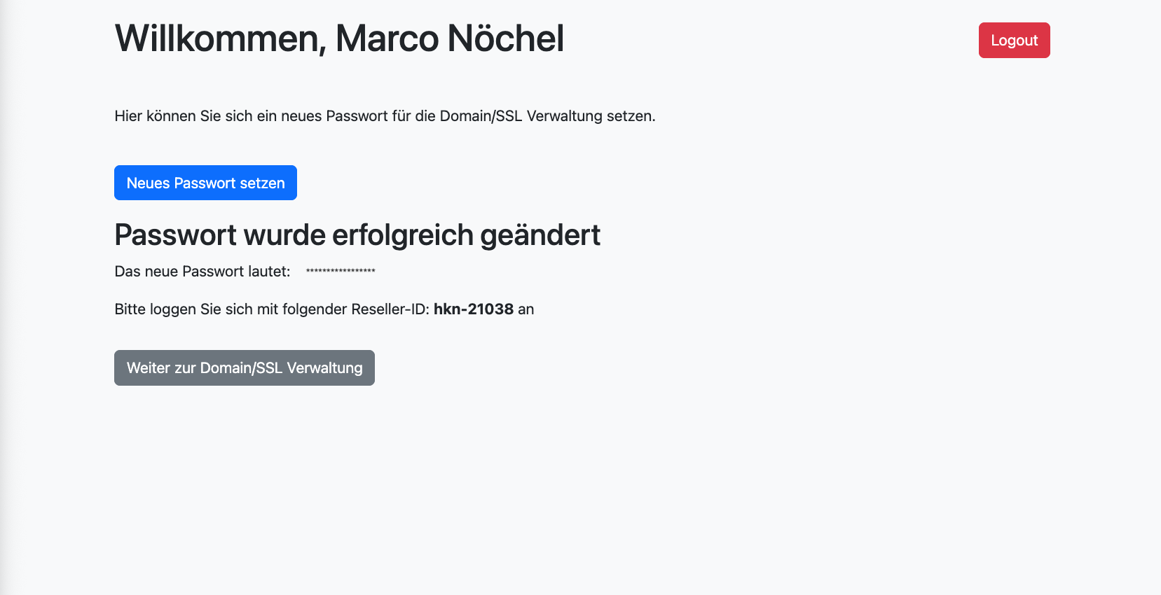 Bestätigung: Passwort wurde erfolgreich geändert mit Reseller-ID