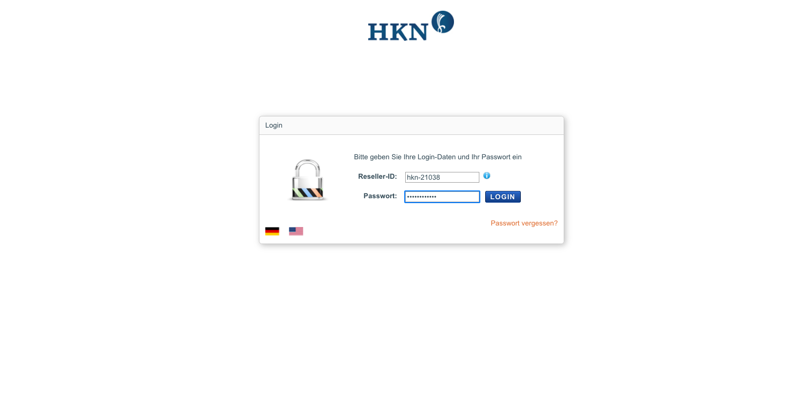 Login-Seite der Domain/SSL Verwaltung mit Reseller-ID und Passwort-Feldern