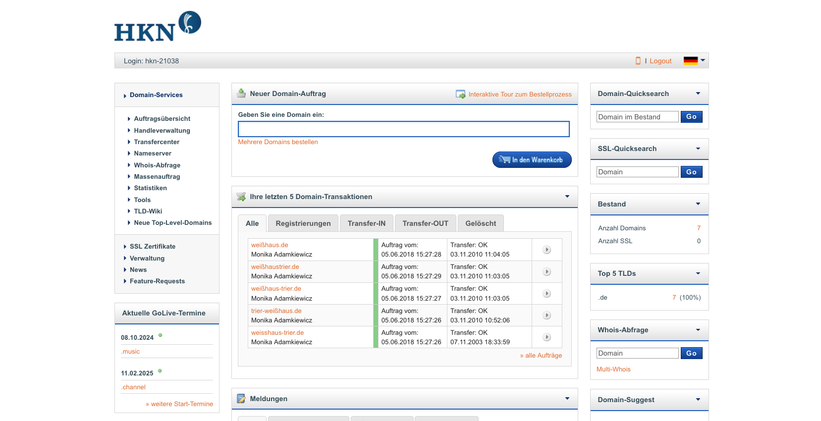 Dashboard der Domain/SSL Verwaltung mit letzten Transaktionen und Domain-Bestand